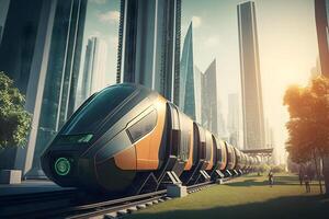 High-speed train rides at high speed in summer around the green summer landscape. Neural network photo