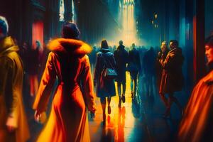 Crowd of people in neon night city. Neural network photo