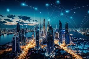 Smart city and abstract dot point connect with gradient line and aesthetic Intricate wave line design, big data connection technology concept. Neural network photo