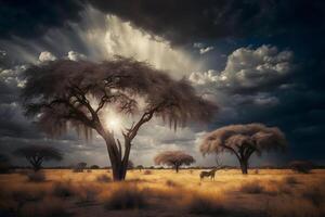 Sunrise over the savannah and grass fields in South Africa with cloudy sky. Neural network photo