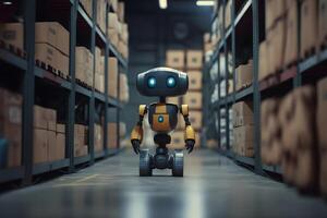 Innovative industry robot working in warehouse for human labor replacement . Concept of artificial intelligence for industrial revolution. Neural network photo