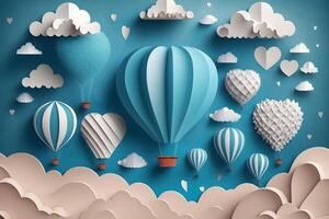 Hot air balloon, space elements shapes cut from paper. Creative concept for banner, landing, background designs. Neural network photo