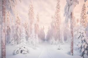 Pine trees covered with snow on frosty evening. Beautiful winter panorama. Neural network photo