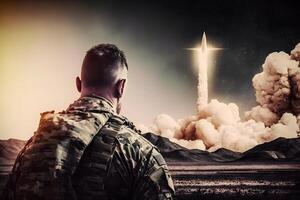 soldado en frente de un balístico misil lanzamiento. neural red ai generado foto