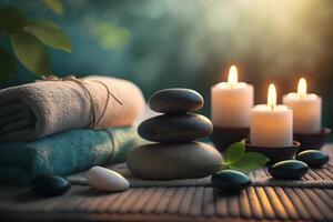 Beauty spa treatment and relax concept. Hot stone massage setting lit by candles. Neural network photo