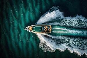 Boat floats in the sea, top view. Neural network photo