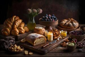 Bakery product assortment with bread loaves, buns, rolls and Danish pastries. Neural network photo