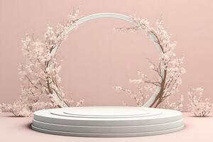 Fresh lush pink sakura flowers on branch with podium mockup in soft light. Neural network photo