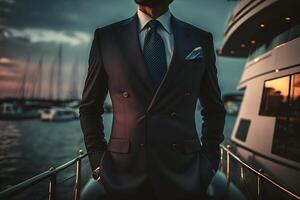 Confident successful businessman on the background of a private yacht. Neural network photo