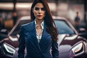 young businesswoman with a car. Neural network photo