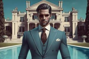 Successful businessman in front of his luxury home villa. Neural network photo