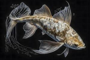 Golden koi fish on black background. Neural network photo