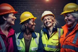 un equipo de hembra construcción ingenieros hembra gerentes de diferente nacionalidades son trabajando juntos. neural red ai generado foto