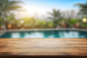 Empty wooden table in front with blurred background of swimming pool. Neural network photo