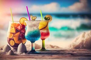 Cocktails by the sea. Summer beach mood. Neural network photo