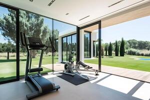 Private gym in luxury home. Neural network photo