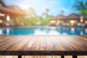 Empty wooden table in front with blurred background of swimming pool. Neural network photo