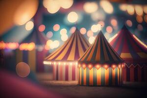 Night view of a circus tents and many light lamps with blurred background. Neural network photo