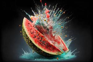 A ripe watermelon falls to the floor and smashes to pieces. Neural network generated art photo