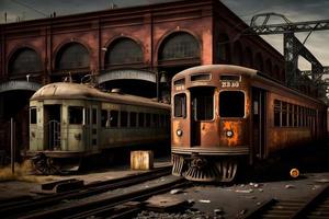 Nueva York antiguo anticuado subterraneo carros en un metro deposito en tiempo de día. neural red generado Arte foto