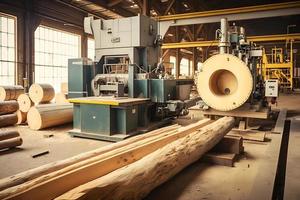 carpintería aserradero producción y Procesando de de madera tableros en un moderno industrial fábrica montaje línea en producción. neural red generado Arte foto