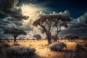 amanecer terminado el sabana y césped campos en sur África con nublado cielo. neural red ai generado foto