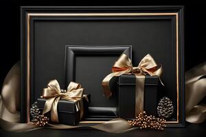 Black gift boxes with gold ribbon on dark background. Neural network photo