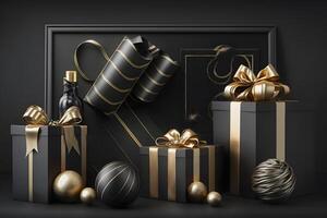 Black gift boxes with gold ribbon on dark background. Neural network photo