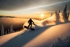 Young man snowboarder running down the slope in Alpine mountains. Winter sport and recreation. Neural network photo