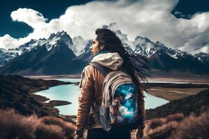 Tourist with a backpack in a mountain hike. Neural network photo
