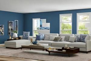 Contemporary Residential Living Room, Background Wall Color Powder Blue photo