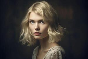 Portrait of a fashionable European girl with long blond hair. Studio light. Dark background. photo