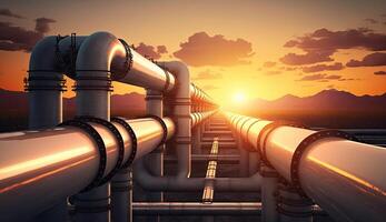 Industry pipeline or rack transport petrochemical, gas and oil processing, factory turbine line, rack of heat chemical petroleum, equipment steel pipes, with . photo