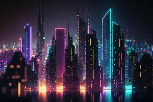 neón mega ciudad capital torres con futurista tecnología fondo, futuro moderno edificio virtual realidad, noche vida estilo concepto, digital diseño, digital tecnología escena con generativo ai. foto