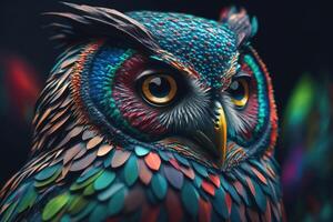 Abstract animal Owl portrait with colorful double exposure paint with Generative AI. photo
