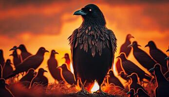 el Rey de real negro cuervo en pie fuera Entre otro cuervos, negro aves, naturaleza animales fauna silvestre fondo, con generativo ai. foto