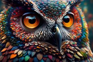 Abstract animal Owl portrait with colorful double exposure paint with . photo