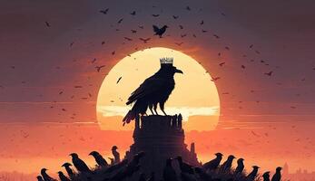 The King of royal black crow standing out between other crows, black birds, nature animals wildlife background, with . photo