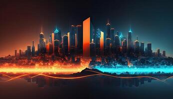 Blue and orange color Neon mega city capital towers with futuristic technology background, future modern building virtual reality, digital design, digital technology scene with . photo