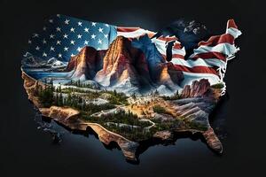 U.S. flag on the background of a map of the country with elements of natural features. photo