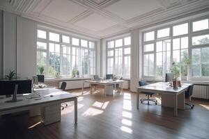 Large office with large windows with natural light in white colors. Business interior. photo
