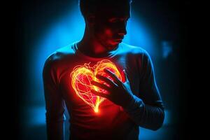 un hombre cubre su manos con su corazón iluminado en rojo. prevención de cardiovascular enfermedad. generativo ai foto