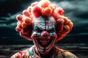 A nuclear explosion, a laughing clown with colorful hair in the shape of an explosion. photo