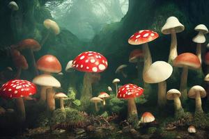 Hallucinogenic psilocybin-containing mushrooms in magic forest. 3D illustration photo