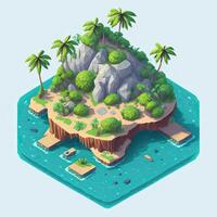 Cartoon isometric private island with mountain, photo