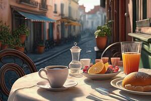 Mañana desayuno a europeo calle cafetería. generativo ai foto