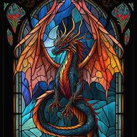 Stained glass window with colorful dragon. . Not based on any actual scene or pattern photo