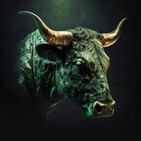 Green bull head on black background. Market, crypto currency or stocks trading concept photo