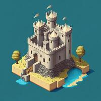 Cartoon isometric medieval castle with towers and gates, photo