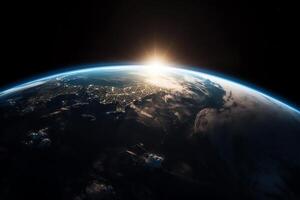 Earth from space with blue sunrise and stars in the background. AI Generated photo
